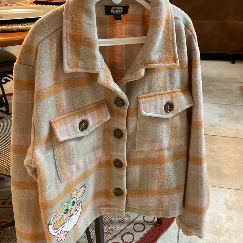 Star Wars Kids Mandalorian Plaid Grogu Flannel Shacket Button Down Sz 7/8 M